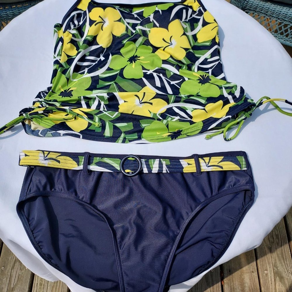 Navy, Green and yellow Floral Tankini by Baltex
